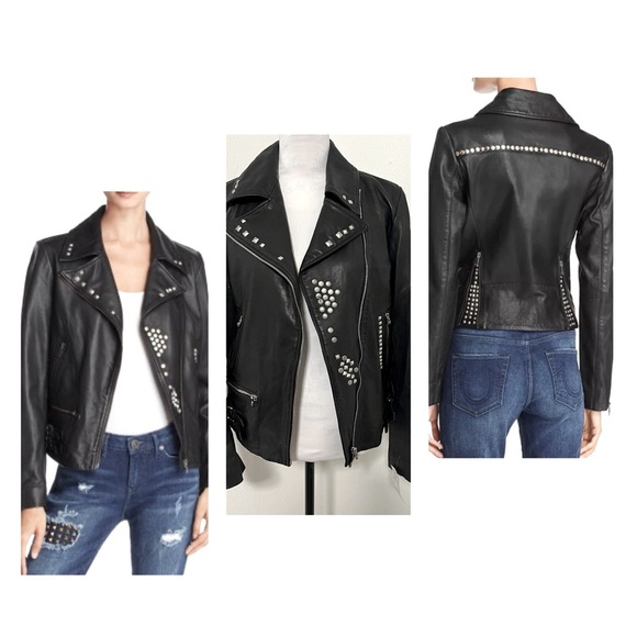 TRUE RELIGION Women’s Leather Studded & Zips Black Full Zip Large Jacket NWOT - Picture 1 of 15
